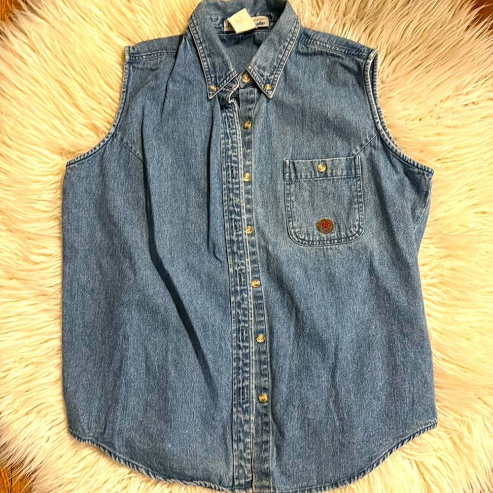 Wrangler Denim Snap Up Vest Women's Size Medium Blue Pink Western Cowgirl Ranch